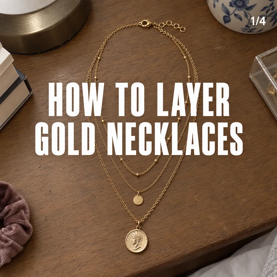 Instagram carousel cover, "How to layer gold necklaces": the gold coin necklace layered with two finer chains