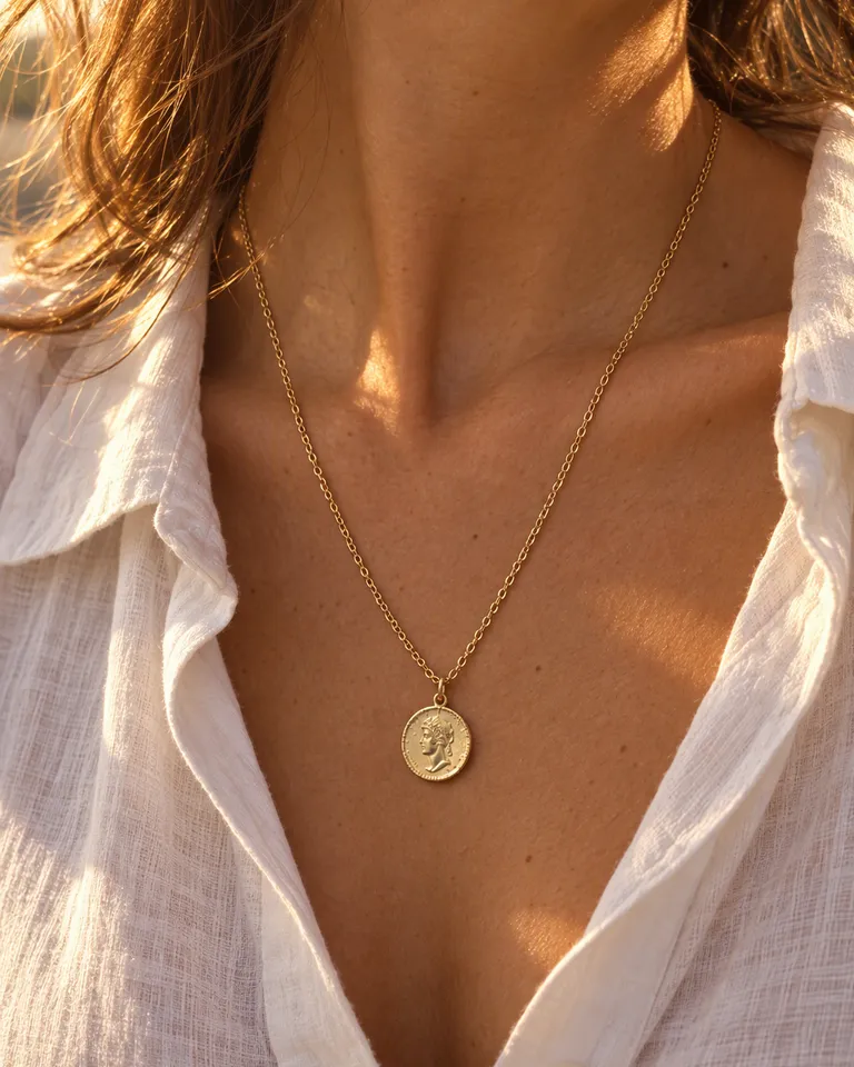Instagram post: a woman wearing the gold coin necklace with a white shirt at golden hour, close crop at the collarbone