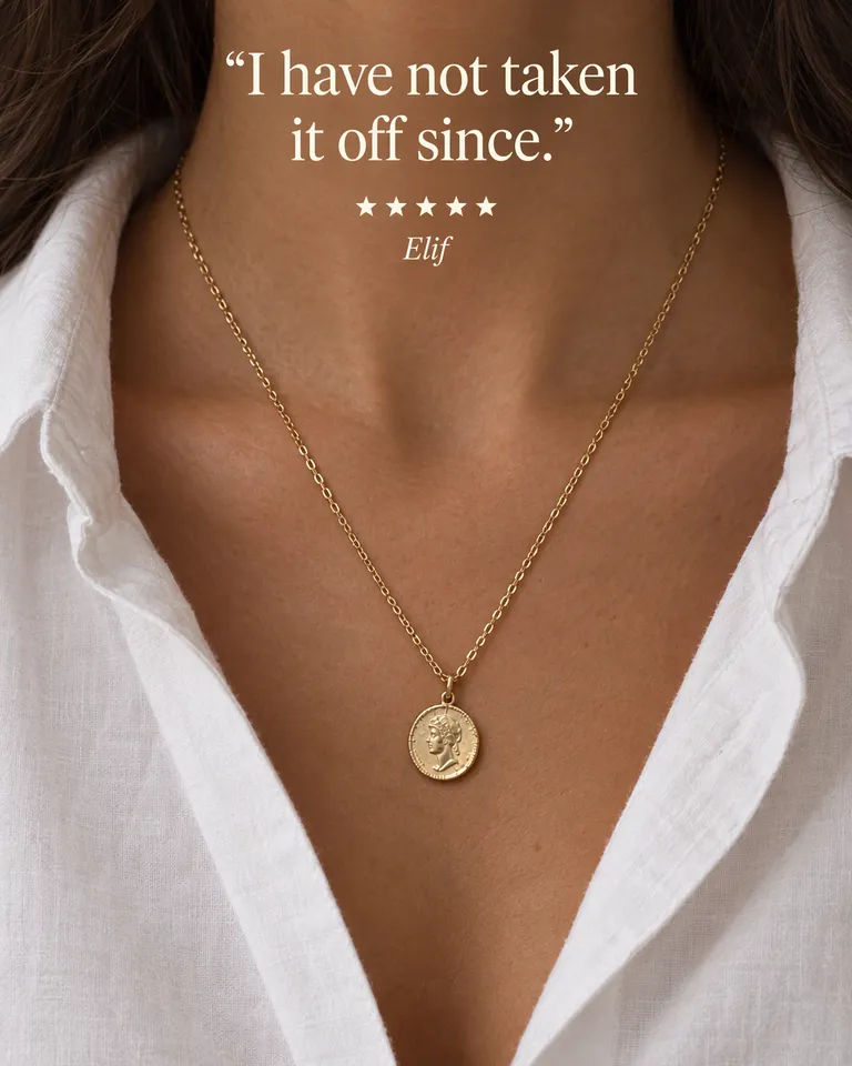 Review post quoting Elif, "I have not taken it off since.": a woman wearing the gold coin necklace with a white shirt