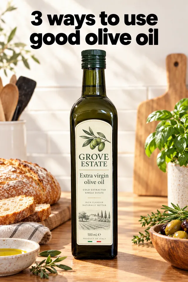 Pinterest pin titled "3 ways to use good olive oil": the Grove Estate olive oil bottle on a sunny kitchen counter with bread and herbs