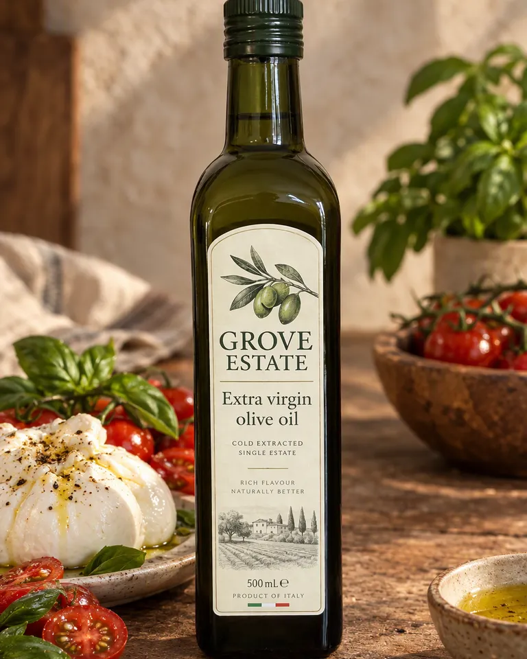 Instagram post: the Grove Estate olive oil bottle on a rustic table with burrata, tomatoes and basil