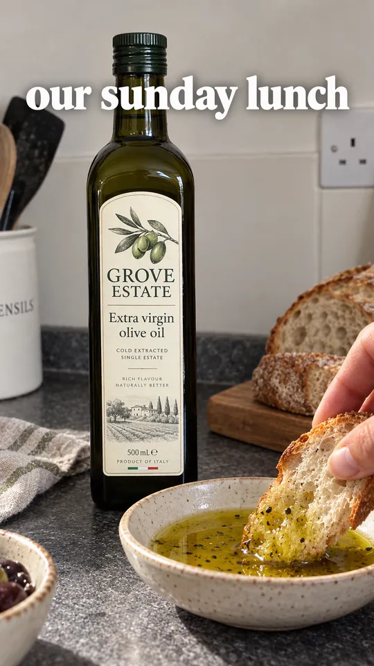 TikTok with the hook "our sunday lunch": dipping bread into a dish of oil poured from the Grove Estate bottle