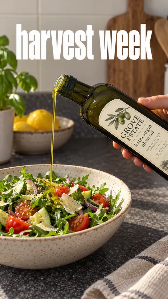 Instagram Story with "harvest week" written across it: olive oil pouring from the Grove Estate bottle onto a fresh salad