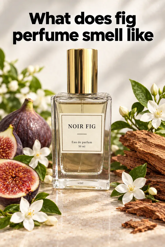 Pinterest pin titled "What does fig perfume smell like": the Noir Fig perfume bottle styled with fresh figs, jasmine and cedar wood