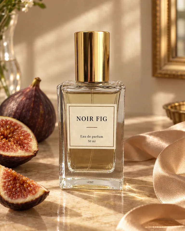Instagram post: the Noir Fig perfume bottle on a sunlit vanity with figs and a silk ribbon