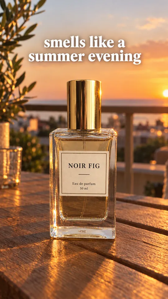 TikTok with the hook "smells like a summer evening": the Noir Fig perfume bottle catching the sunset light on a balcony table
