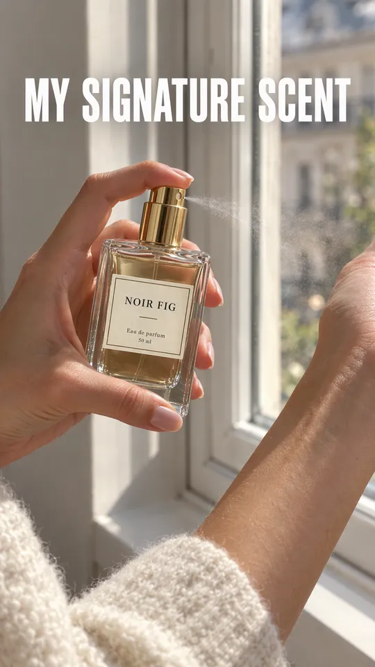 Instagram Story with "my signature scent" written across it: a woman spraying the Noir Fig perfume onto her wrist by a window
