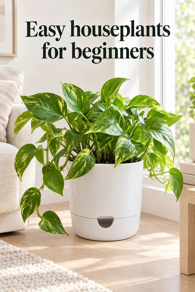 Pinterest pin titled "Easy houseplants for beginners": the white planter in a bright minimalist living room corner