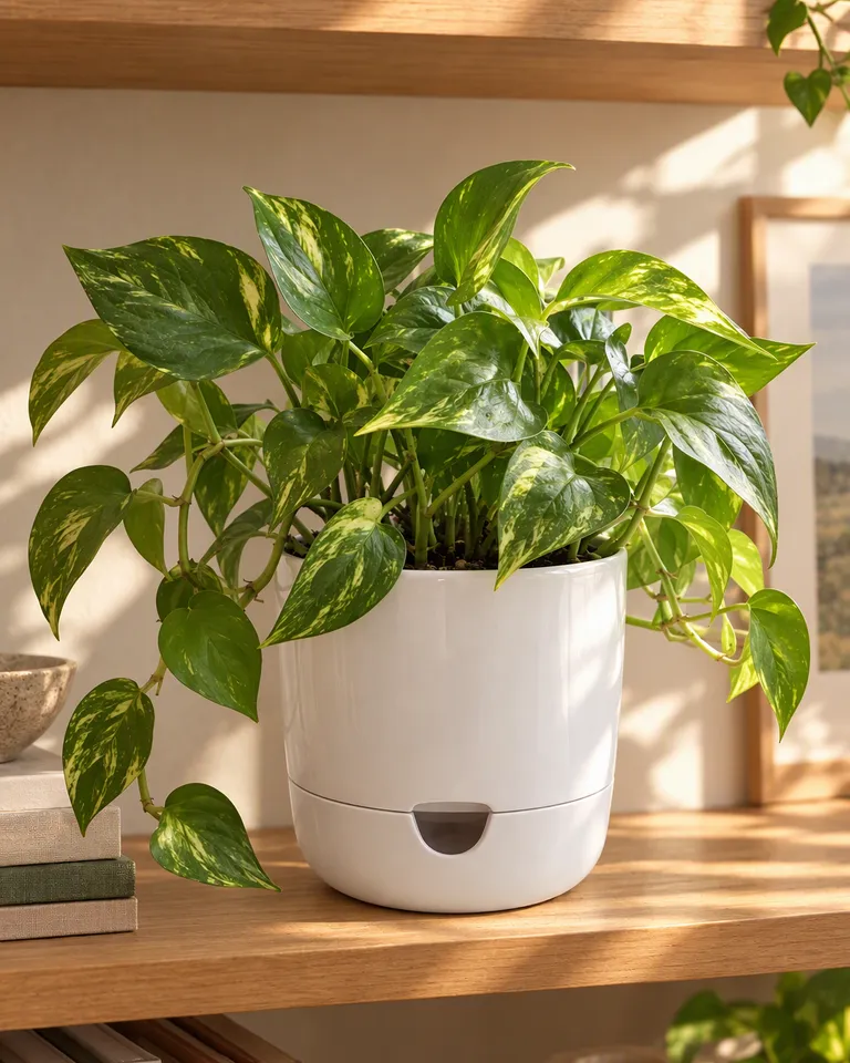 Instagram post: the white planter with its pothos on a sunny bookshelf