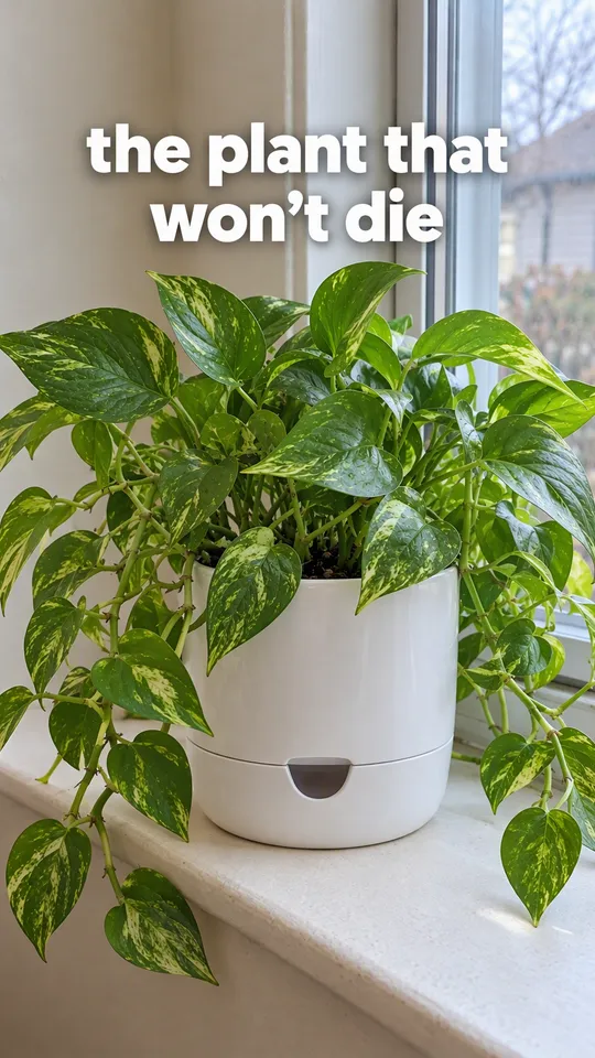 TikTok with the hook "the plant that won't die": a time-lapse style frame of the pothos trailing from its planter
