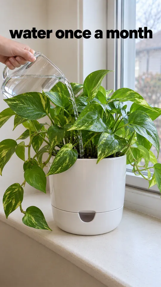 Instagram Story with "water once a month" written across it: a hand pouring water into the white self-watering planter