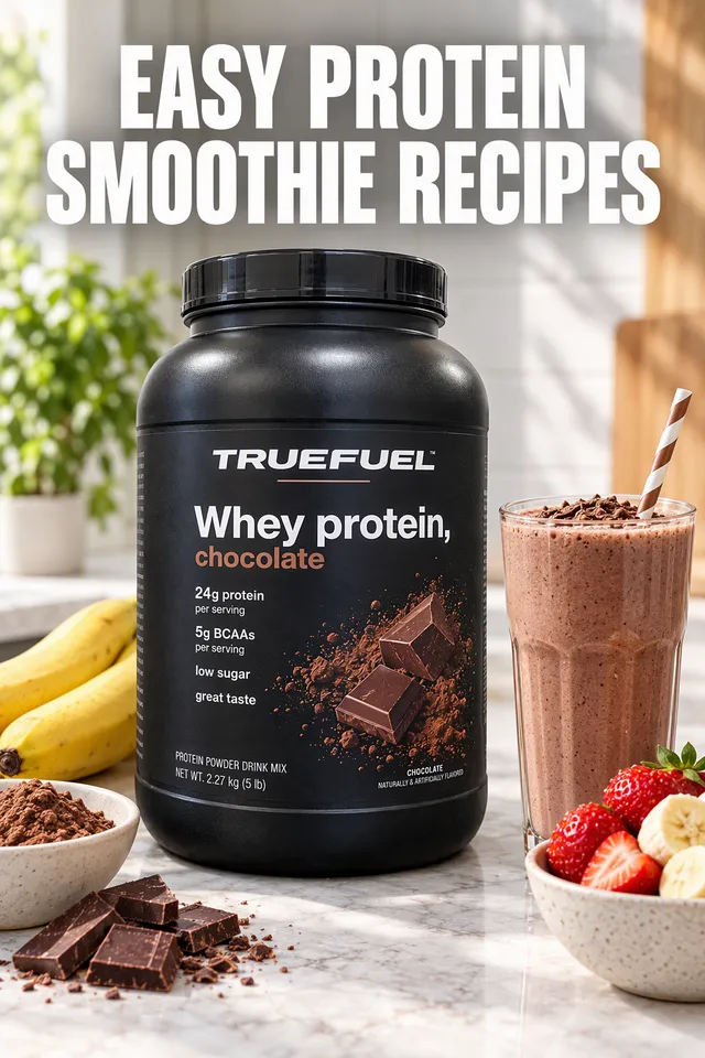 Pinterest pin titled "Easy protein smoothie recipes": the Truefuel protein tub beside a smoothie and fruit on a bright counter