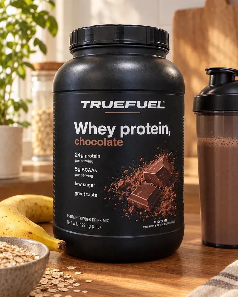 Instagram post: the Truefuel protein tub on a kitchen counter with a shaker, a banana and oats