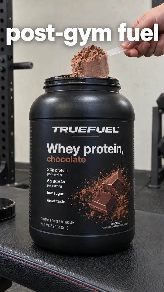 Instagram Story with "post-gym fuel" written across it: a scoop of powder being lifted out of the Truefuel tub