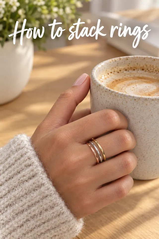 Pinterest pin titled "How to stack rings": the three rings stacked on a hand holding a coffee cup