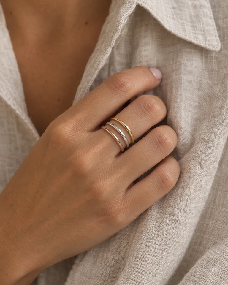 Instagram post: a woman's hand wearing the three stacking rings resting on a linen shirt