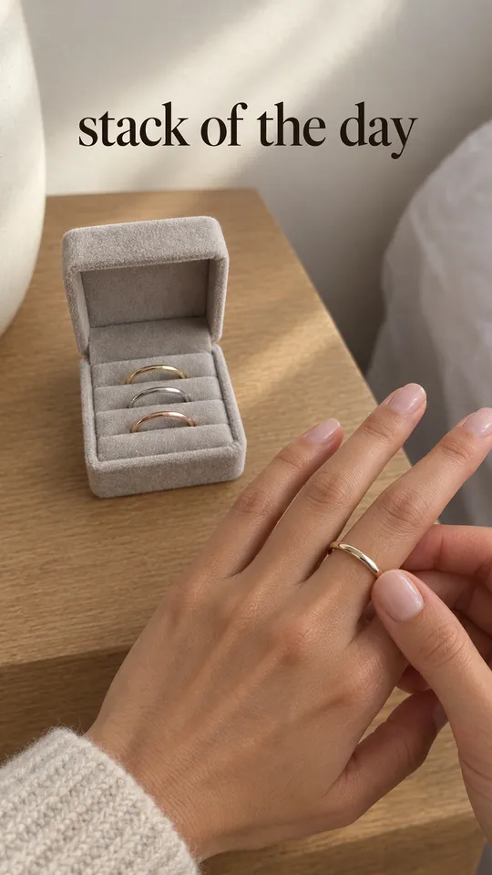 Instagram Story with "stack of the day" written across it: a woman sliding one of the rings onto her finger