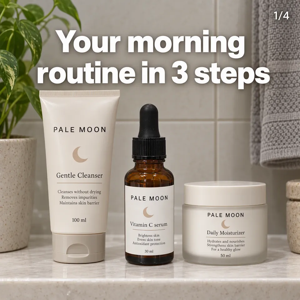 Instagram carousel cover, "Your morning routine in 3 steps": the Pale Moon serum with a cleanser and a moisturizer on a shelf