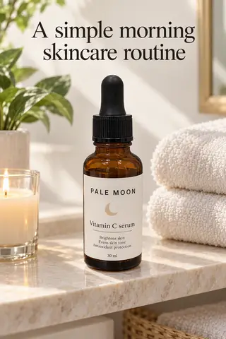Pinterest pin titled "A simple morning skincare routine": the Pale Moon serum on a minimal skincare shelf styled with towels and a candle