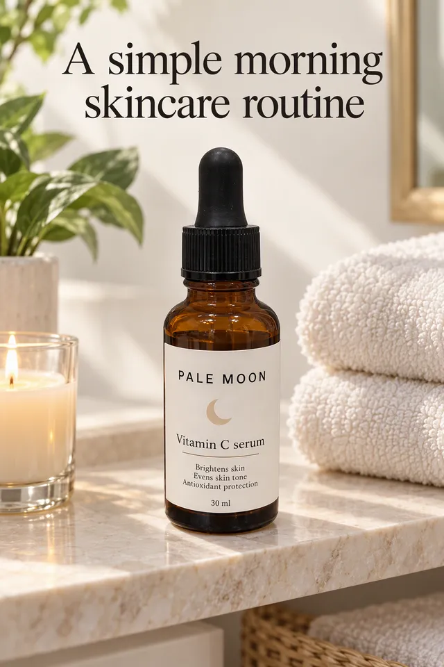 Pinterest pin titled "A simple morning skincare routine": the Pale Moon serum on a minimal skincare shelf styled with towels and a candle