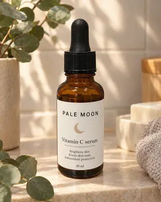 Instagram post: the Pale Moon serum bottle on a bathroom shelf with soft morning light and eucalyptus