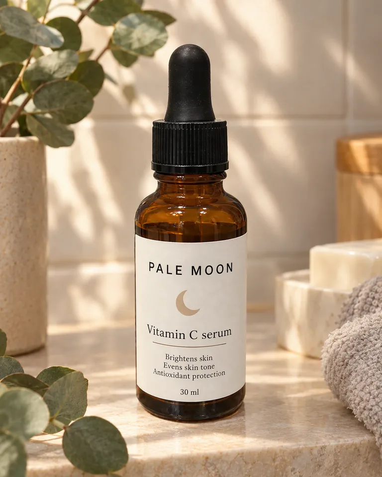 Instagram post: the Pale Moon serum bottle on a bathroom shelf with soft morning light and eucalyptus
