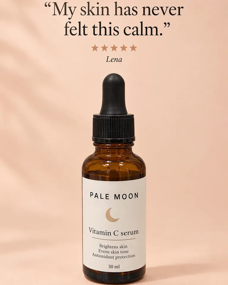 Review post quoting Lena, "My skin has never felt this calm.": the Pale Moon serum bottle on a soft peach background
