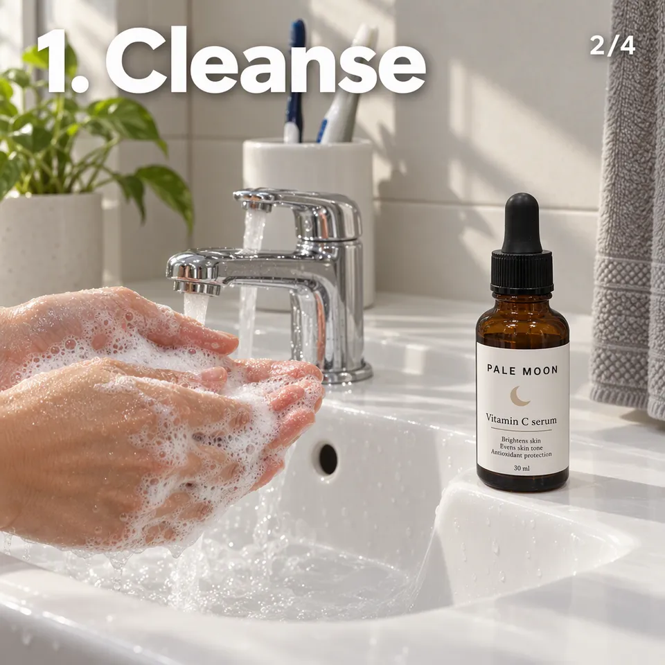 Carousel slide "1. Cleanse": a cleanser foaming on wet hands beside the Pale Moon serum