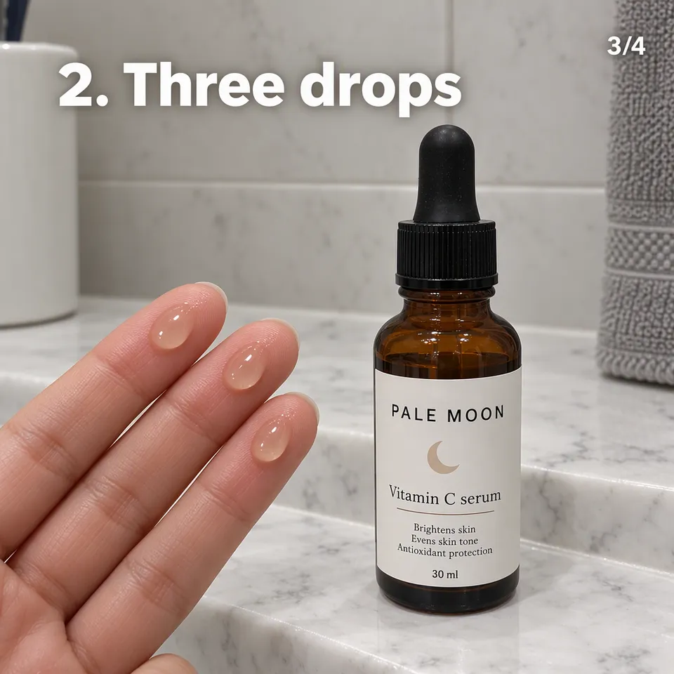Carousel slide "2. Three drops": three drops of Pale Moon serum on fingertips