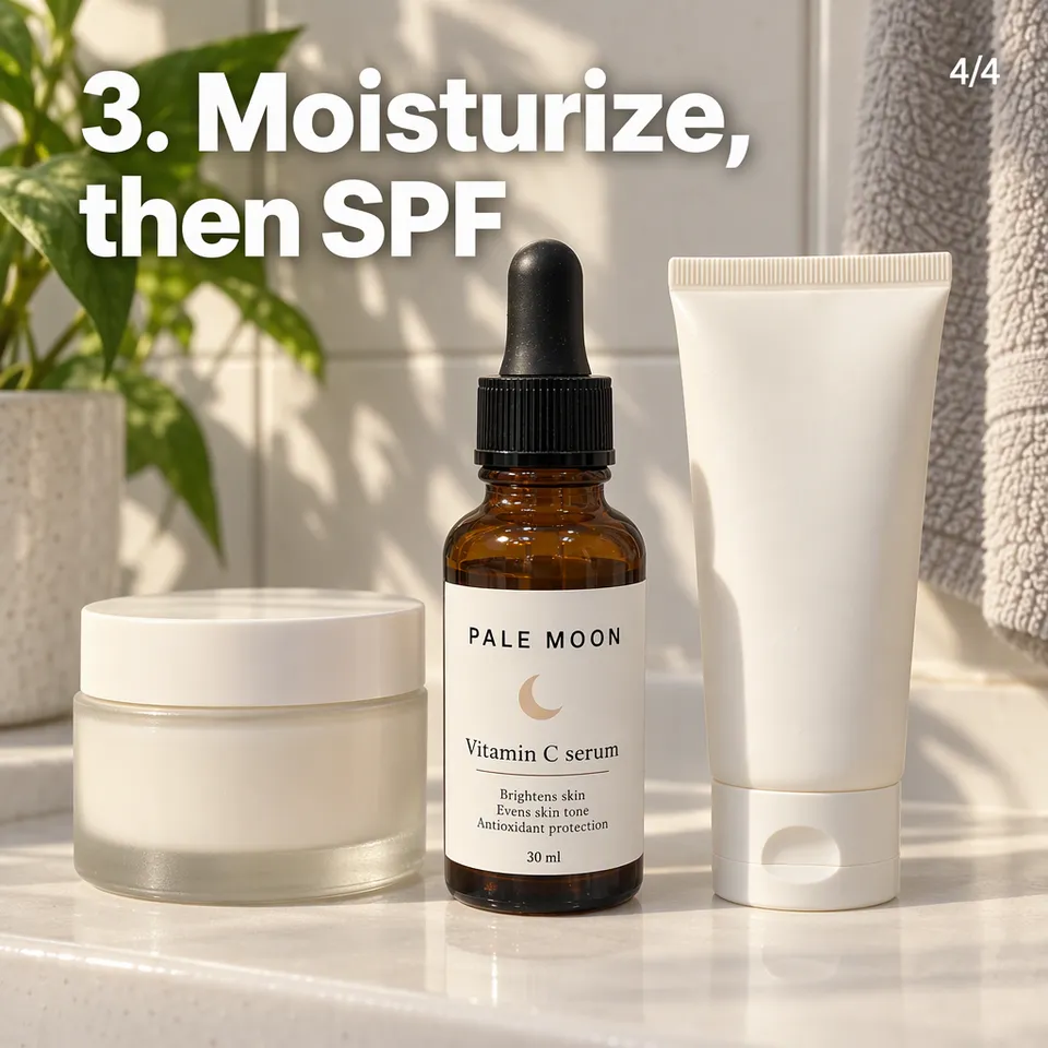 Carousel slide "3. Moisturize, then SPF": moisturizer and sunscreen next to the Pale Moon serum