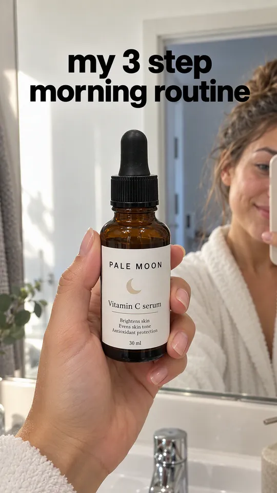 Instagram Story with "my 3 step morning routine" written across it: a woman holding the Pale Moon serum bottle up to her bathroom mirror in the morning