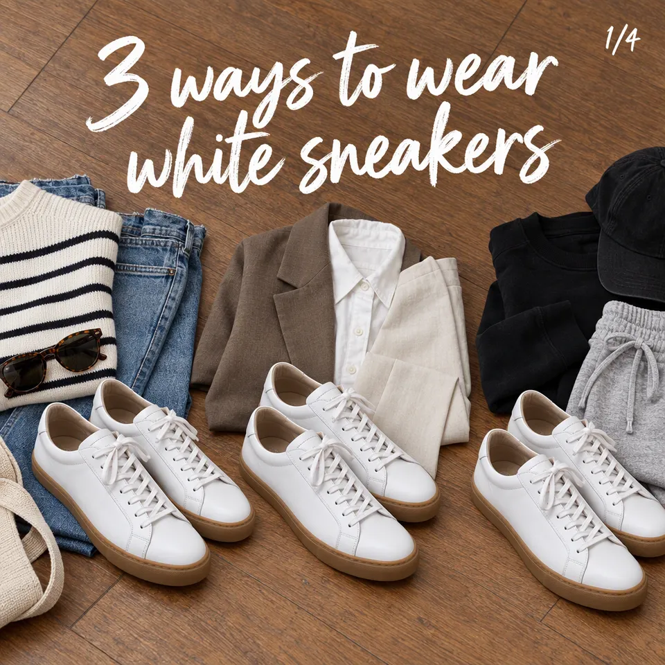 Instagram carousel cover, "3 ways to wear white sneakers": the white sneakers in three outfit flat lays