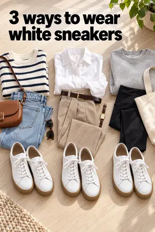 Pinterest pin titled "3 ways to wear white sneakers": the white sneakers in three simple outfit flat lays on a light floor