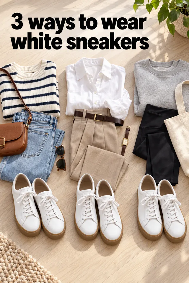 Pinterest pin titled "3 ways to wear white sneakers": the white sneakers in three simple outfit flat lays on a light floor