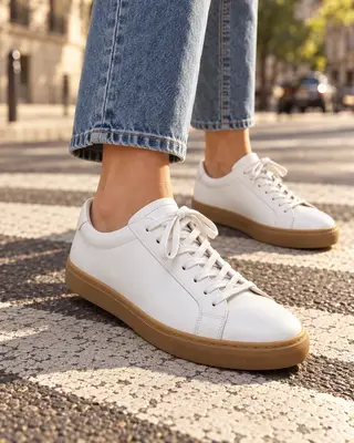 Instagram post: the white sneakers on a sunny city crosswalk with cropped jeans, low camera angle