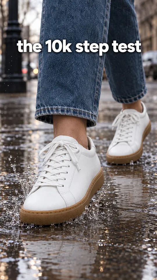 TikTok with the hook "the 10k step test": feet in the white sneakers walking through puddles on a city street