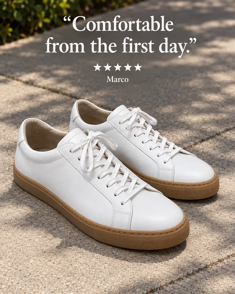 Review post quoting Marco, "Comfortable from the first day.": the white sneakers on a sunny sidewalk