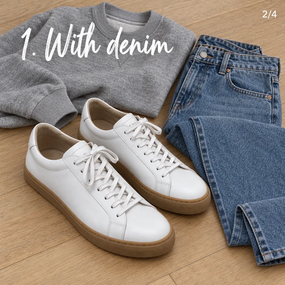 Carousel slide "1. With denim": the white sneakers with straight jeans and a grey sweatshirt