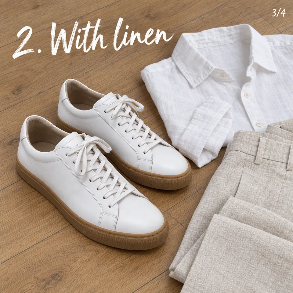 Carousel slide "2. With linen": the white sneakers with cream linen trousers and a white shirt