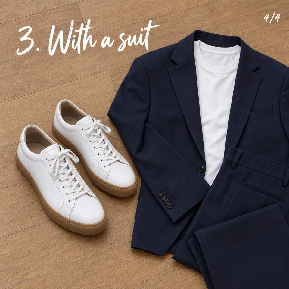 Carousel slide "3. With a suit": the white sneakers with a navy suit and a white t-shirt
