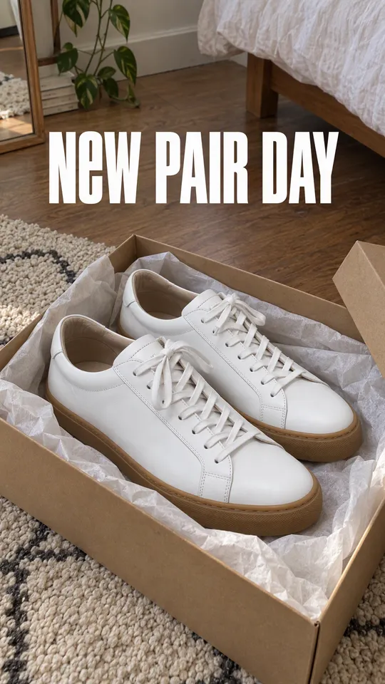 Instagram Story with "new pair day" written across it: unboxing the white sneakers from a kraft box on a bedroom floor