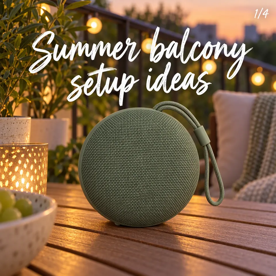 Instagram carousel cover, "Summer balcony setup ideas": the sage green speaker on a balcony with string lights