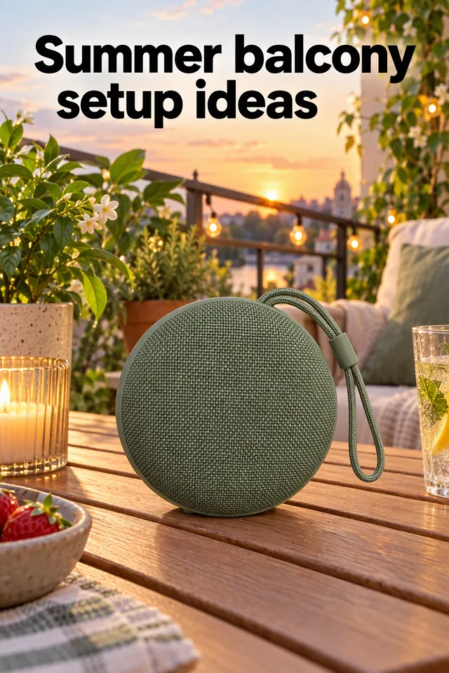 Pinterest pin titled "Summer balcony setup ideas": the sage green speaker on a balcony with plants and string lights at dusk