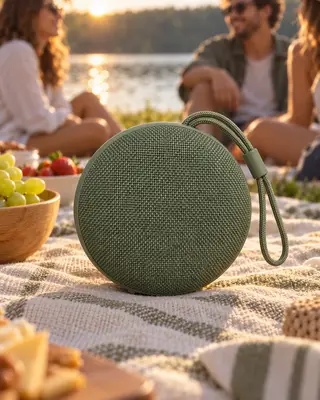 Instagram post: the sage green speaker on a picnic blanket by a lake with friends softly blurred behind