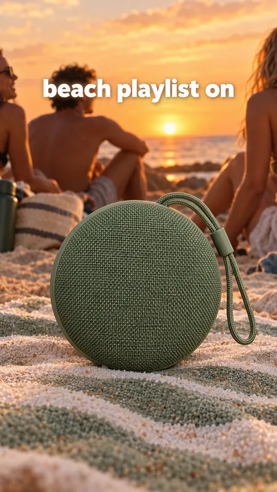 TikTok with the hook "beach playlist on": the sage green speaker on a sandy beach towel at sunset with friends behind