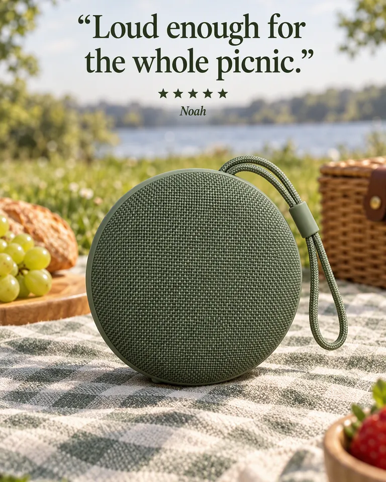 Review post quoting Noah, "Loud enough for the whole picnic.": the sage green speaker on a picnic blanket