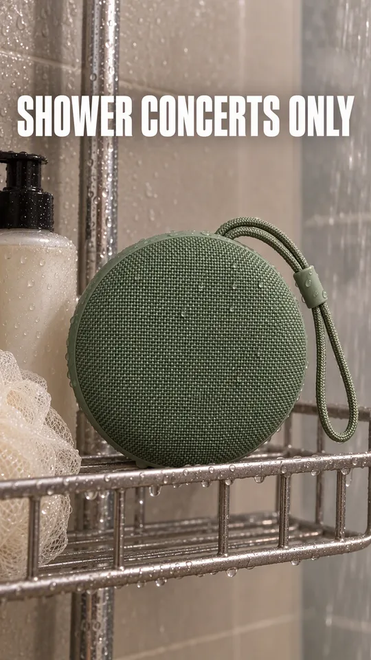 Instagram Story with "shower concerts only" written across it: the sage green speaker on a shower caddy in a steamy bathroom