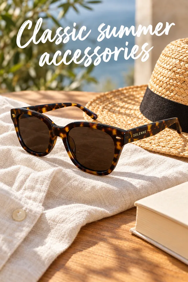 Pinterest pin titled "Classic summer accessories": the tortoiseshell sunglasses styled with a linen shirt, a straw hat and a book