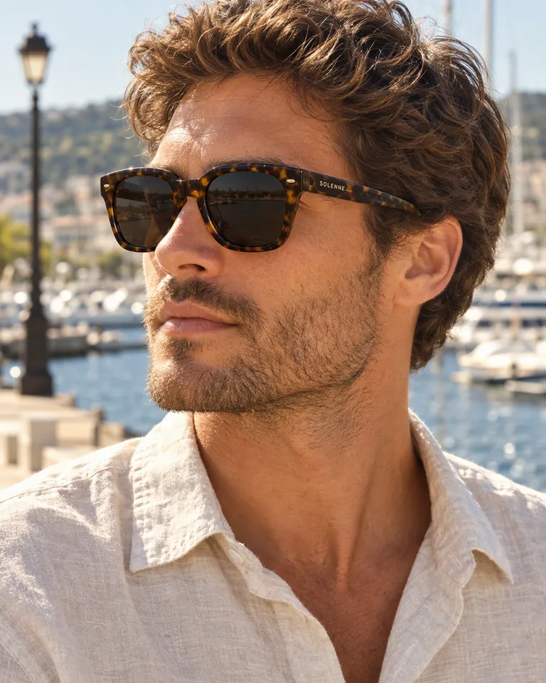 Instagram post: a man wearing the tortoiseshell sunglasses on a sunny harbor promenade