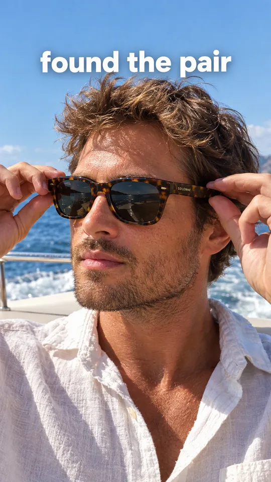 TikTok with the hook "found the pair": a man putting on the tortoiseshell sunglasses in bright sunlight on a boat